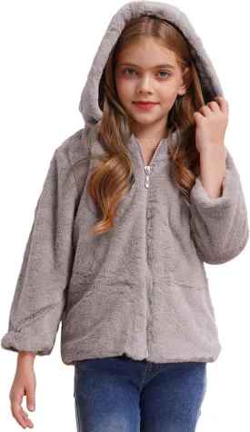 Kids Girls Kids Girls Winter Warm Coats Faux Fur Owl Applique Long Sleeve Zippered Hooded Coat Fleece Jacket