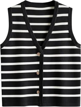 LILLUSORY Summer Vest Tops for Women 2025 Striped Sweater Vests Vacation Button Up Outfits Shirts Blouses Jacket Clothes