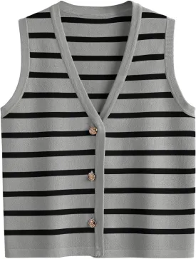 LILLUSORY Summer Vest Tops for Women 2025 Striped Sweater Vests Vacation Button Up Outfits Shirts Blouses Jacket Clothes
