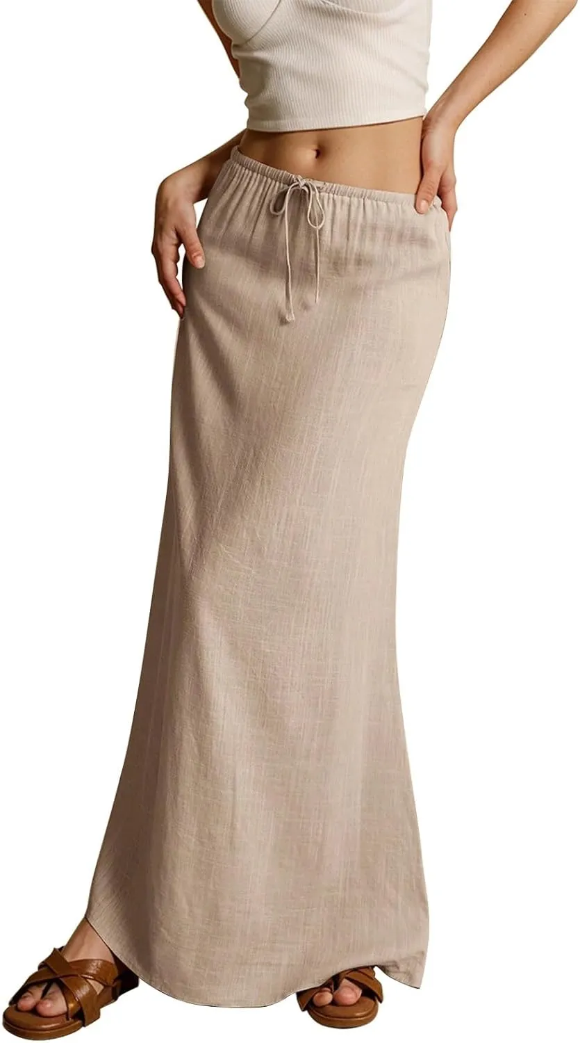 Linen Maxi Skirts for Women Summer 2025 Vacation Boho Skirt Comfy Drawstring Low Waist A Line Skirt Long Cover Ups