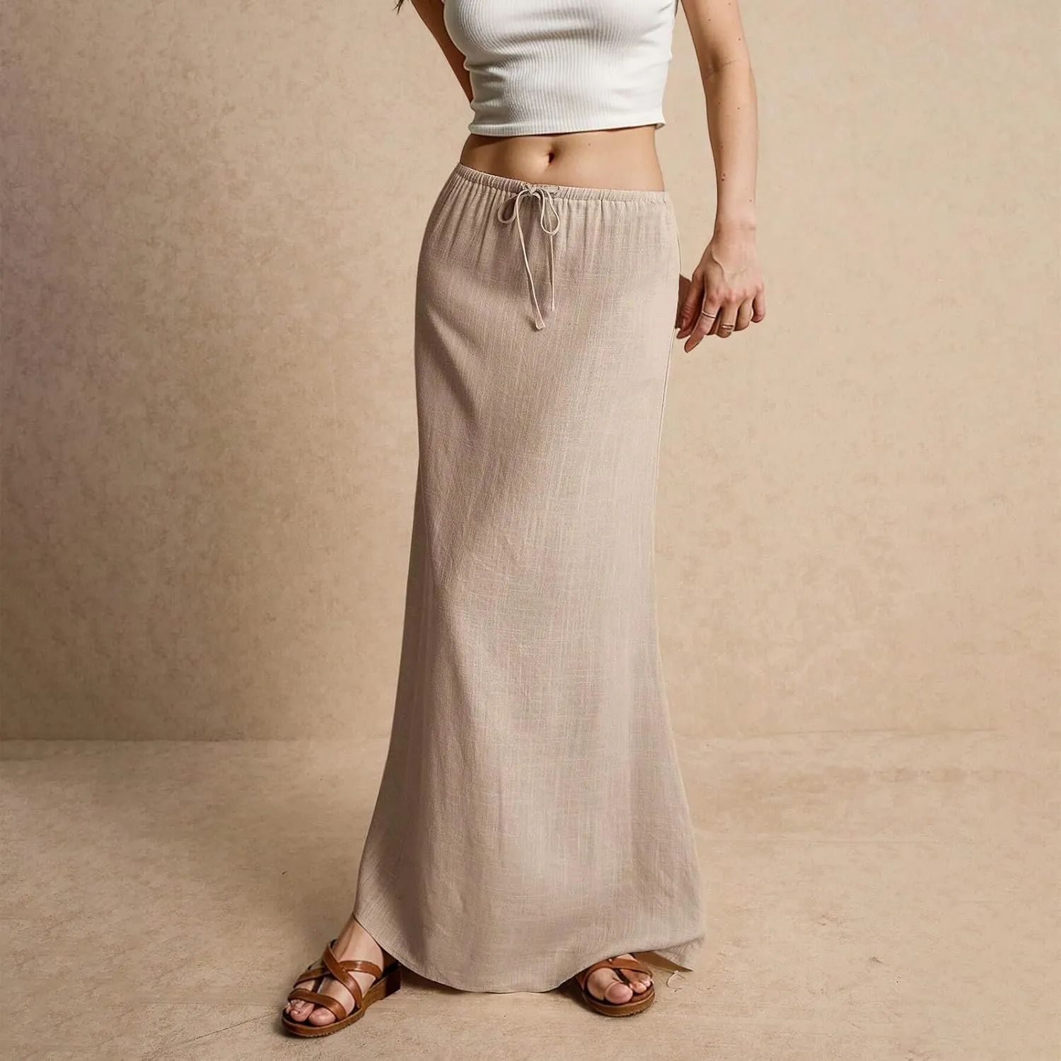 Linen Maxi Skirts for Women Summer 2025 Vacation Boho Skirt Comfy Drawstring Low Waist A Line Skirt Long Cover Ups