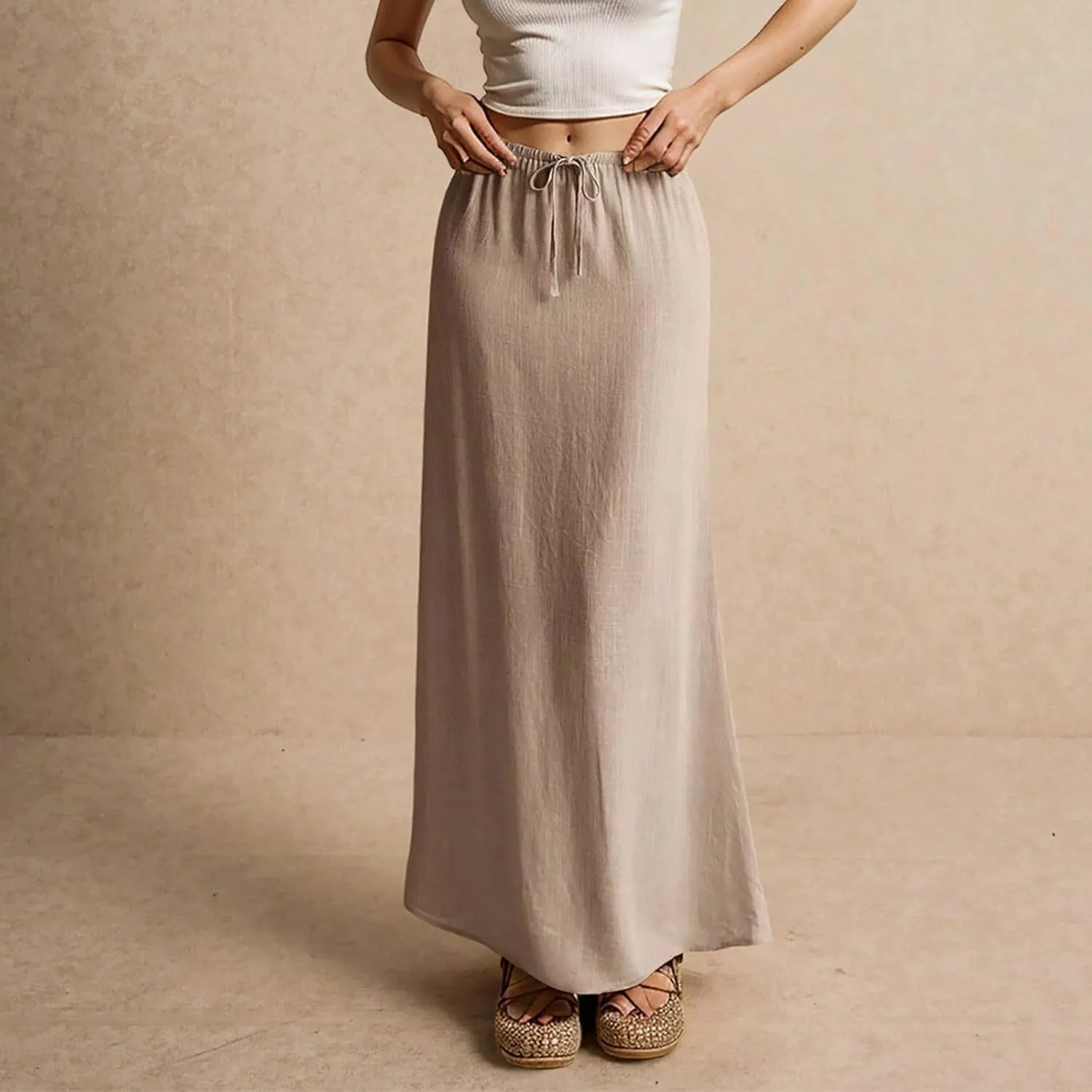 Linen Maxi Skirts for Women Summer 2025 Vacation Boho Skirt Comfy Drawstring Low Waist A Line Skirt Long Cover Ups