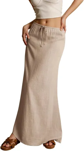 Linen Maxi Skirts for Women Summer 2025 Vacation Boho Skirt Comfy Drawstring Low Waist A Line Skirt Long Cover Ups