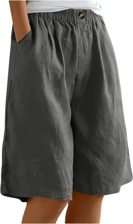 Linen Shorts for Women Wide Leg Knee Length Summer Casual Long Shorts High Waisted Bermuda Shorts with Pocket