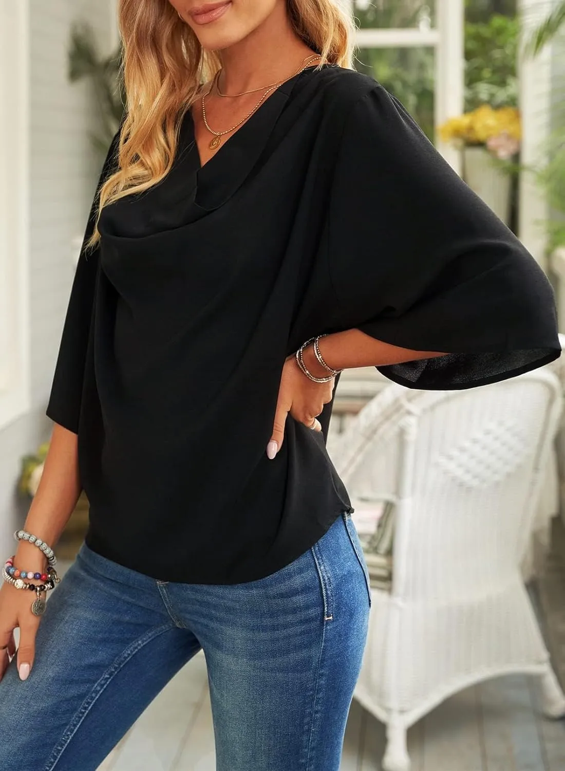 LOAIHA Women's Cowl Neck Short Sleeve Chiffon Blouse Wrap Draped Front Loose Fit Work Casual Shirt Tops