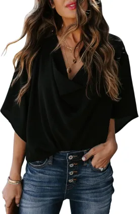 LOAIHA Women's Cowl Neck Short Sleeve Chiffon Blouse Wrap Draped Front Loose Fit Work Casual Shirt Tops