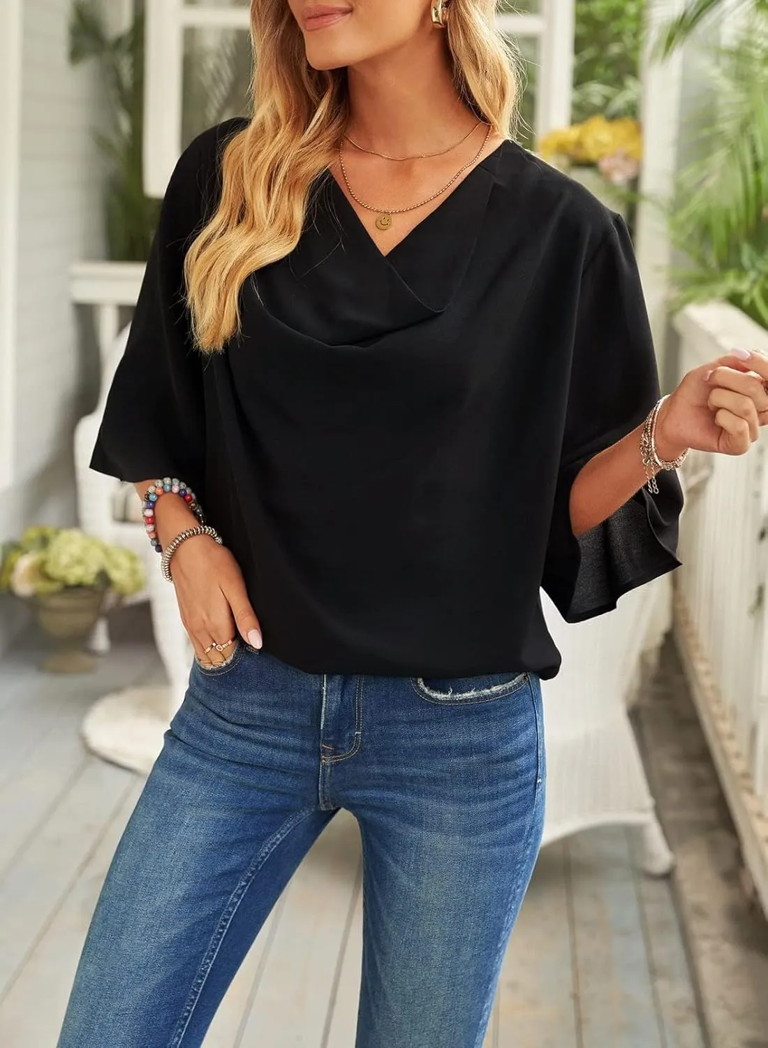 LOAIHA Women's Cowl Neck Short Sleeve Chiffon Blouse Wrap Draped Front Loose Fit Work Casual Shirt Tops