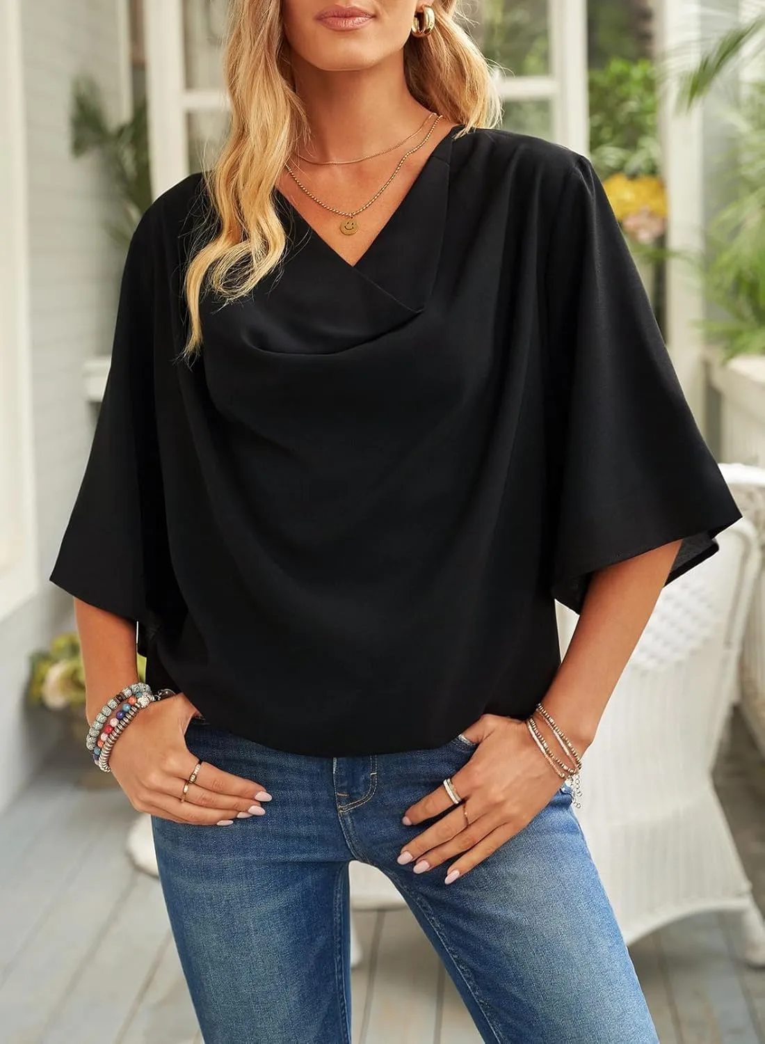 LOAIHA Women's Cowl Neck Short Sleeve Chiffon Blouse Wrap Draped Front Loose Fit Work Casual Shirt Tops