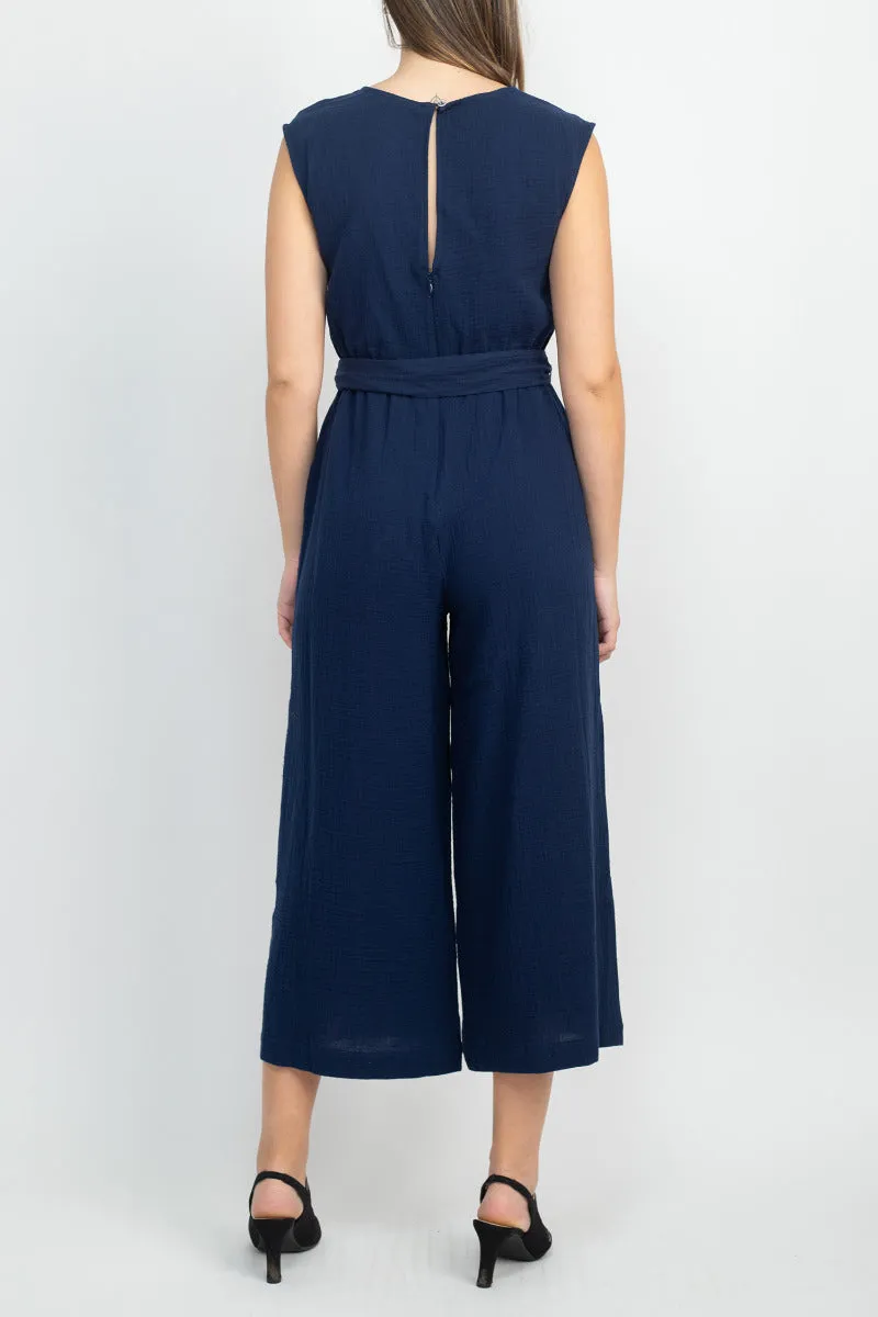 London Times V-Neck Sleeveless Tie Waist Solid Cotton Jumpsuit