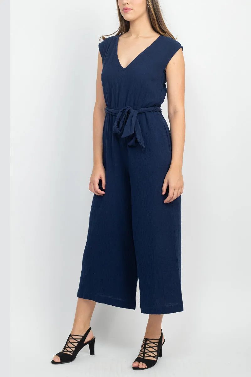 London Times V-Neck Sleeveless Tie Waist Solid Cotton Jumpsuit