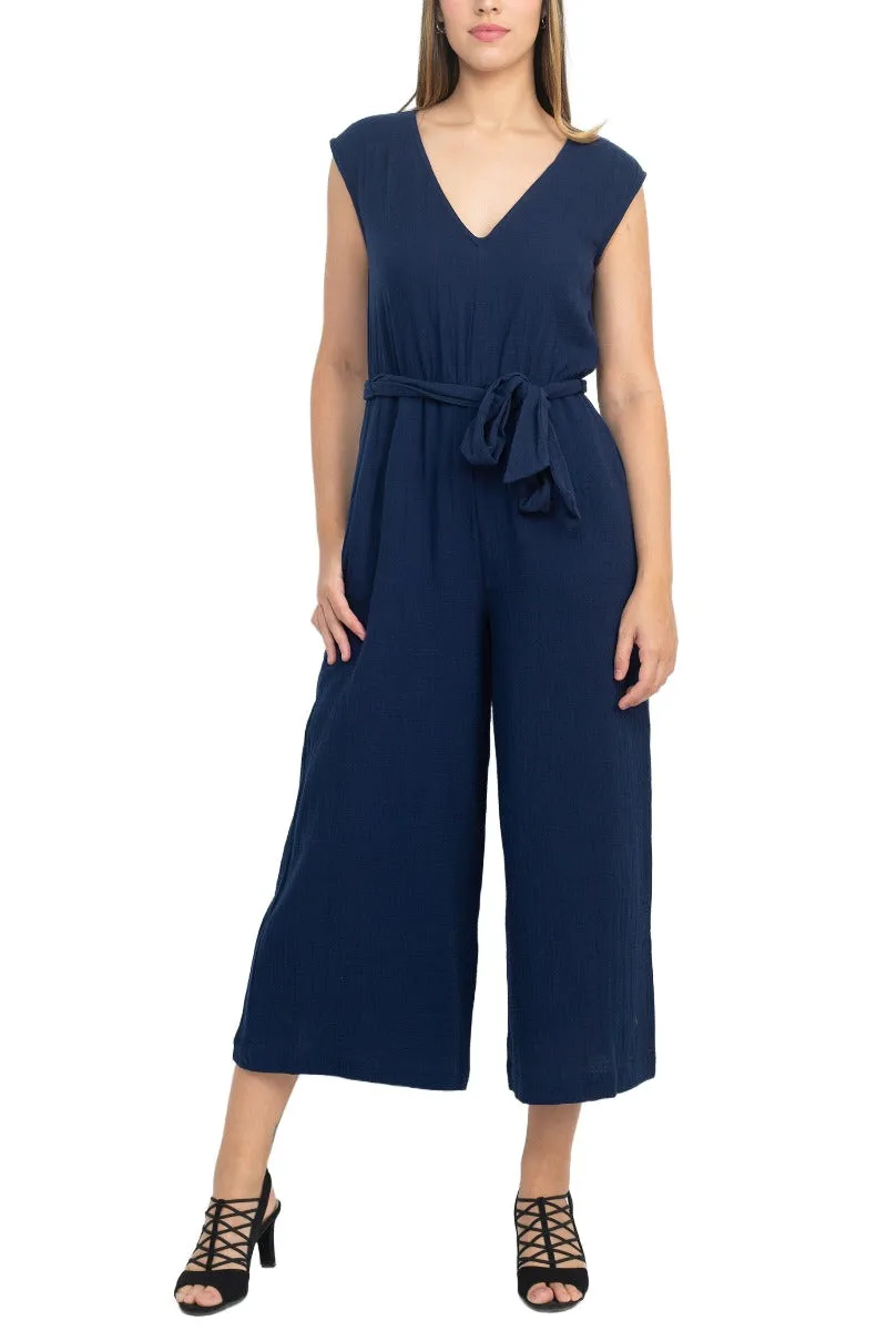 London Times V-Neck Sleeveless Tie Waist Solid Cotton Jumpsuit