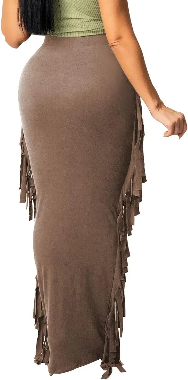Lrady Women's Elastic Waist Slim Bodycon Side Tassels Long Maxi Pencil Skirts