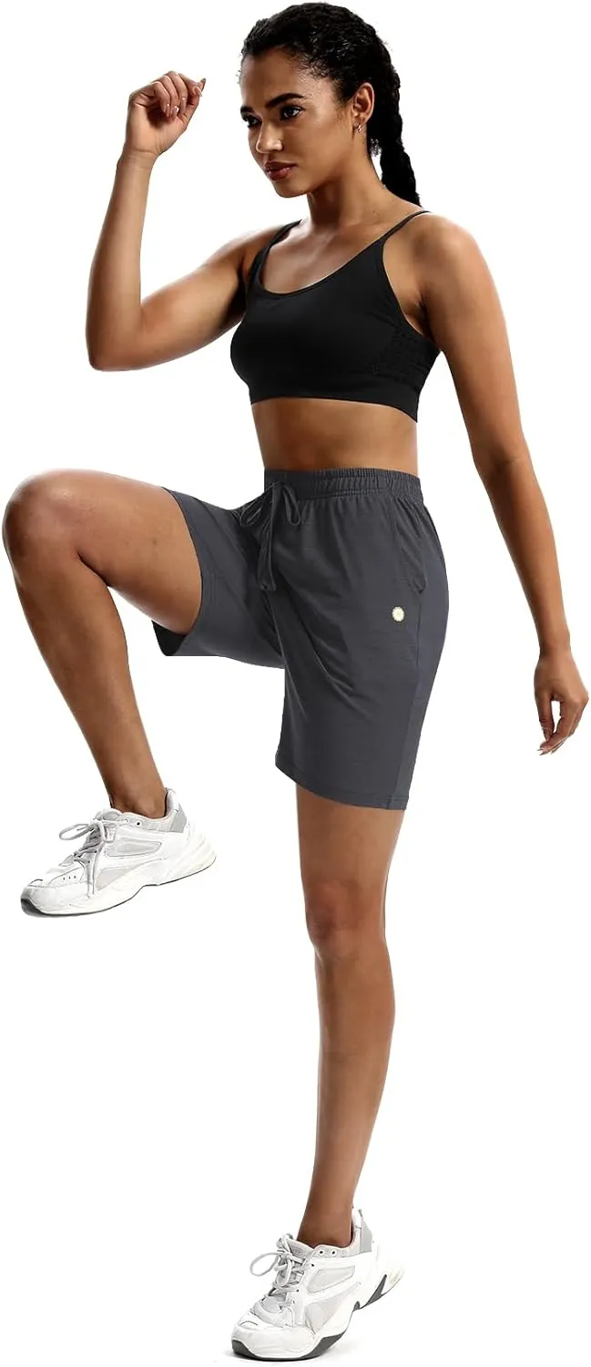 LUCKYCATCUS Women's 7" Bermuda Shorts Jersey Shorts with Pockets Workout Yoga Athletic Long Shorts for Women