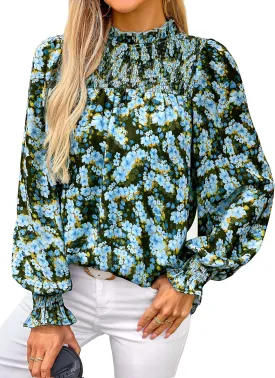 MASCOMODA Womens Blouses 2025 Spring Boho Floral Ruffle High Neck Long Sleeve Tops Dressy Casual Smocked Chiffon Work Shirts