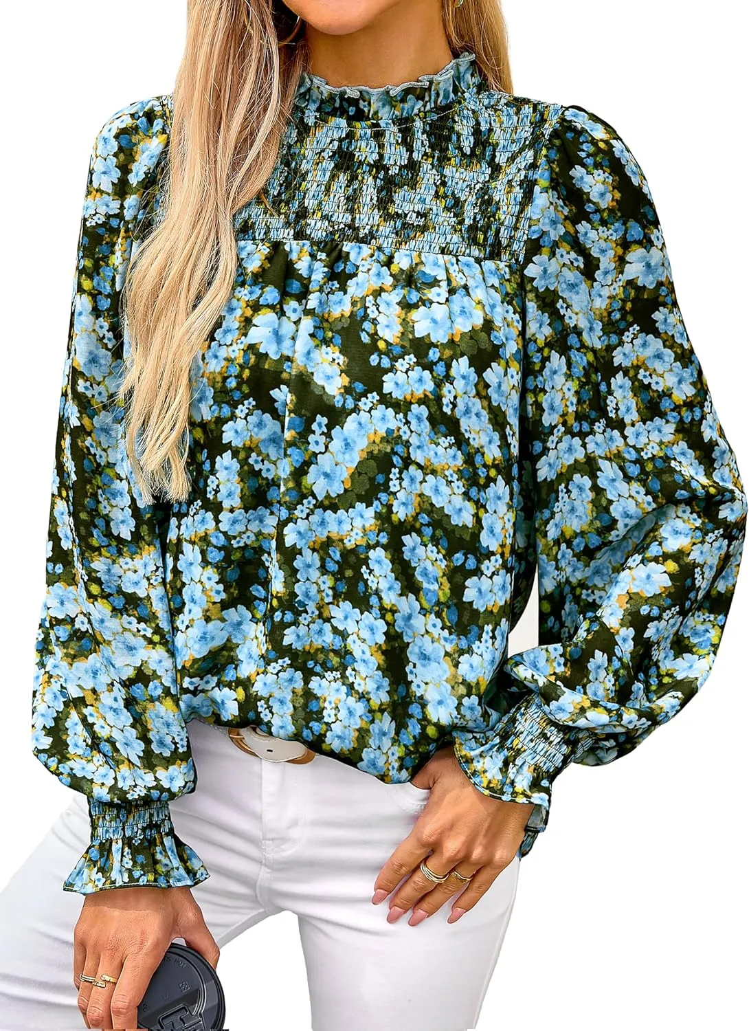 MASCOMODA Womens Blouses 2025 Spring Boho Floral Ruffle High Neck Long Sleeve Tops Dressy Casual Smocked Chiffon Work Shirts
