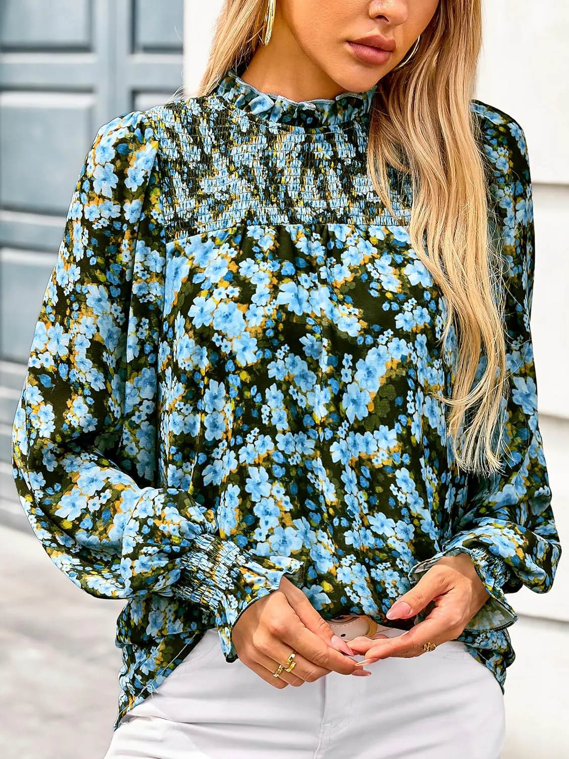 MASCOMODA Womens Blouses 2025 Spring Boho Floral Ruffle High Neck Long Sleeve Tops Dressy Casual Smocked Chiffon Work Shirts