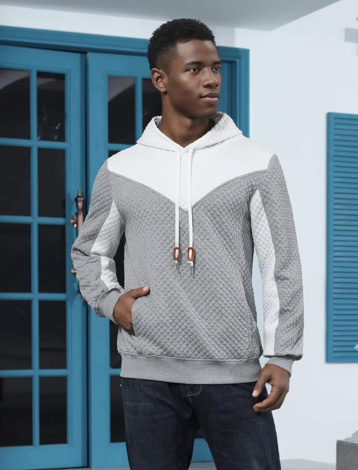 Men's Hooded Sweatshirts Long Sleeve Color Block Casual Pullover Hoodie Plaid Jacquard Sweatshirt with Pocket