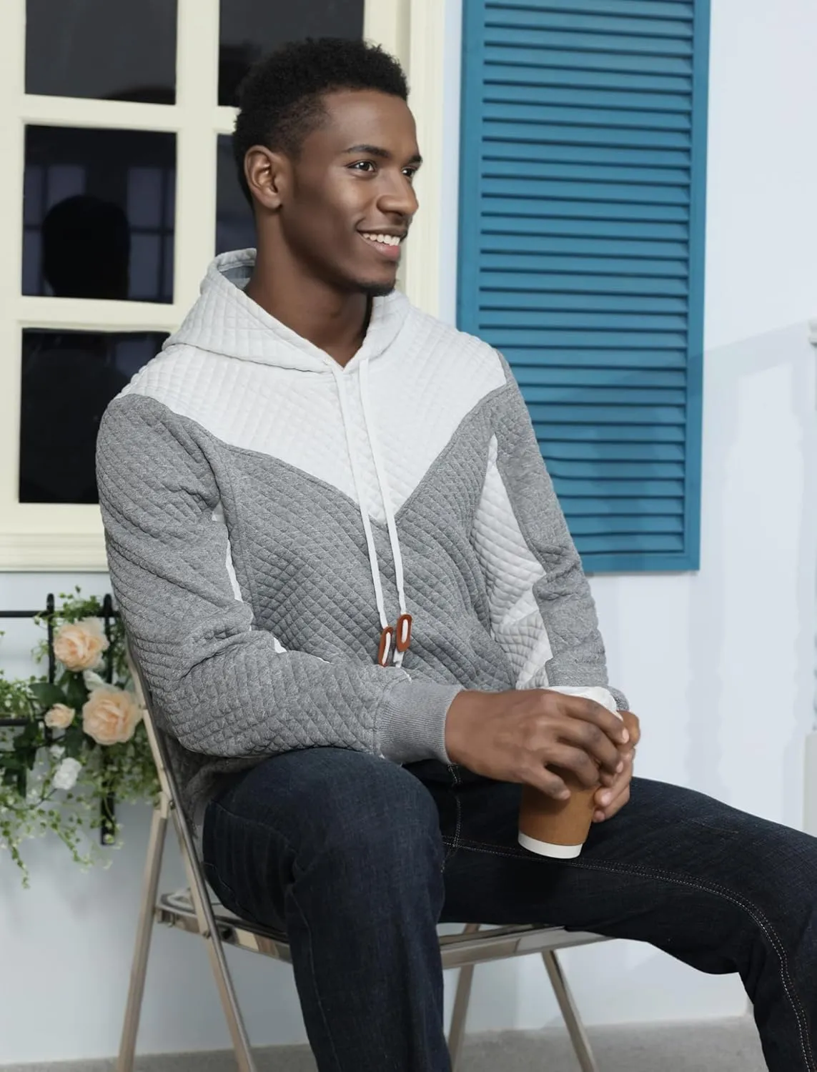 Men's Hooded Sweatshirts Long Sleeve Color Block Casual Pullover Hoodie Plaid Jacquard Sweatshirt with Pocket