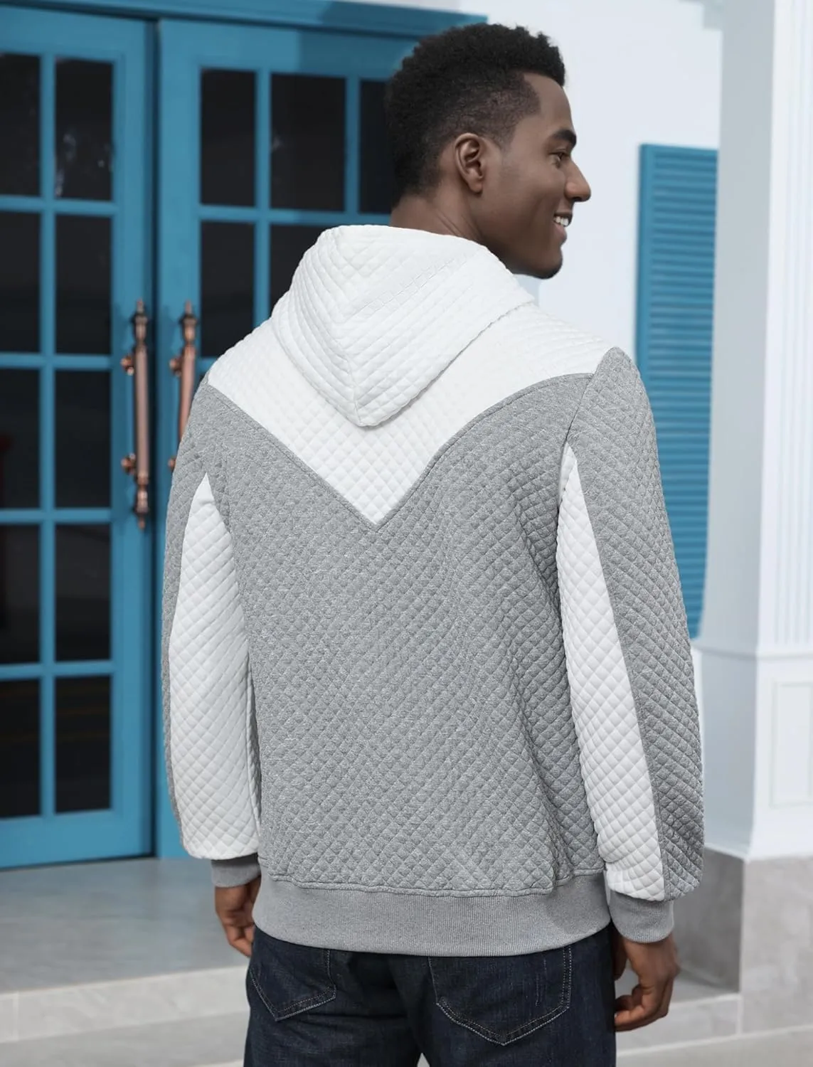 Men's Hooded Sweatshirts Long Sleeve Color Block Casual Pullover Hoodie Plaid Jacquard Sweatshirt with Pocket