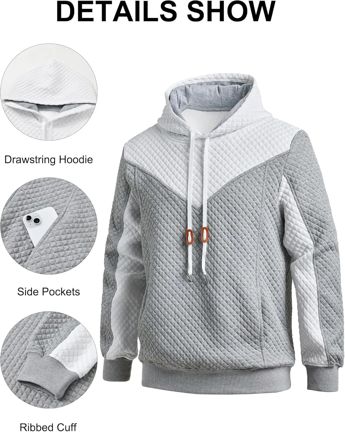 Men's Hooded Sweatshirts Long Sleeve Color Block Casual Pullover Hoodie Plaid Jacquard Sweatshirt with Pocket