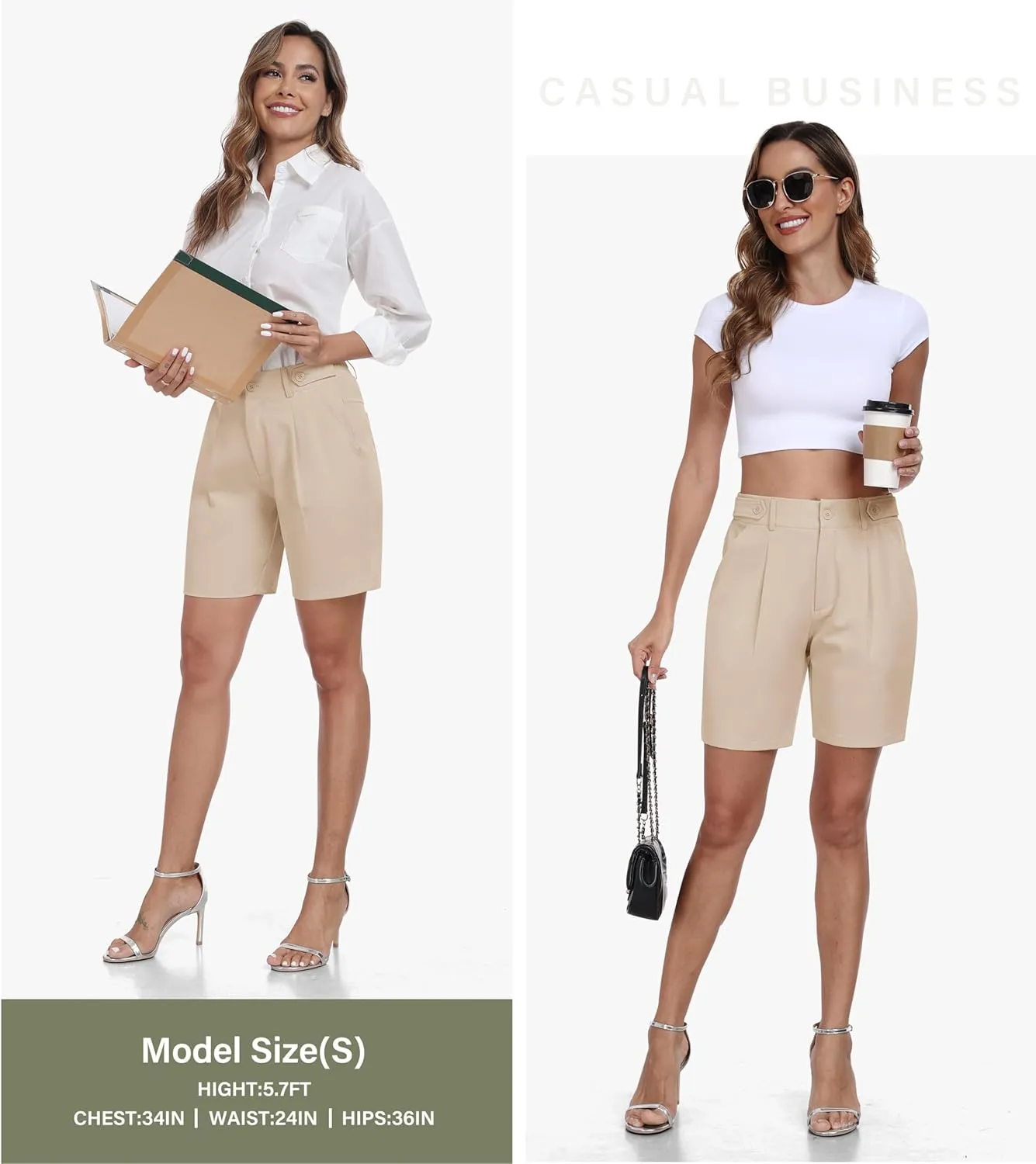MoFiz Women's Shorts Dressy Casual Business Work Shorts Elastic Waist Straight Leg Pleated Summer Bermuda Shorts with Pockets