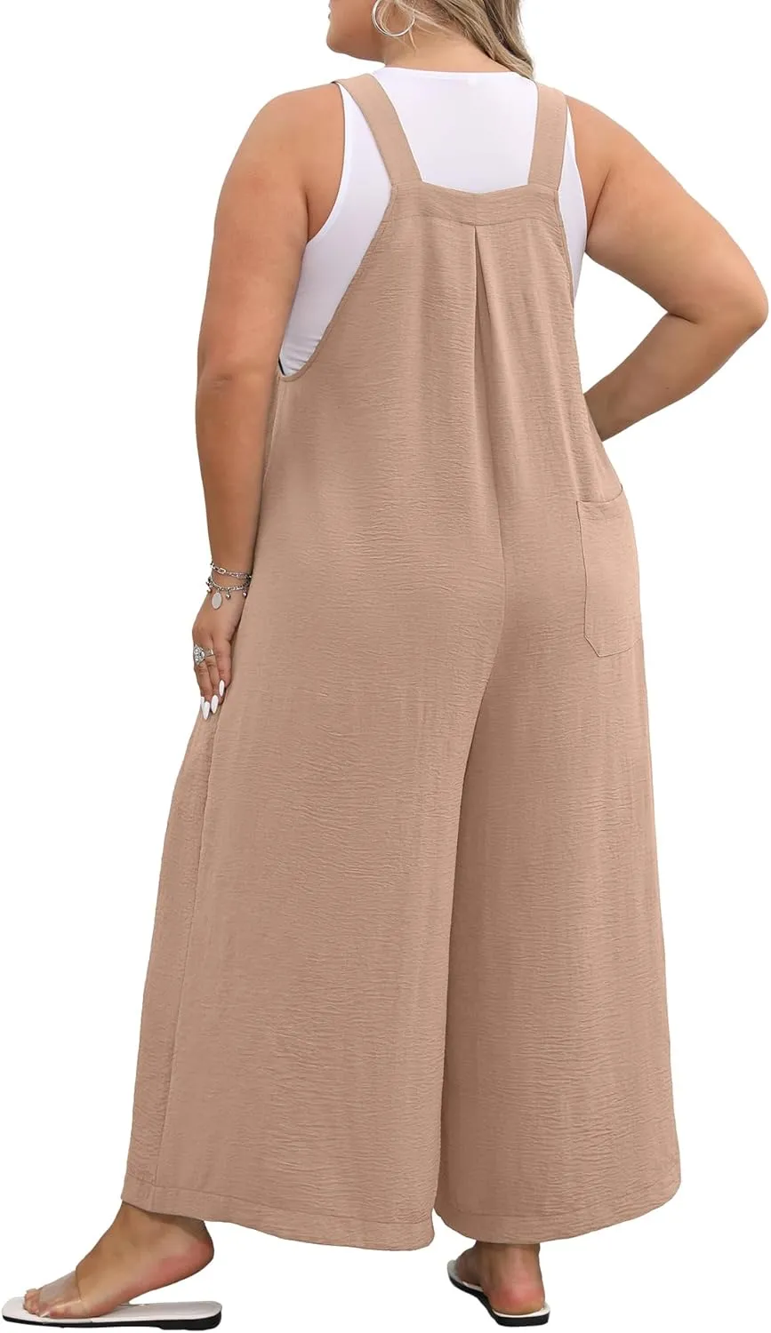 OLRIK Plus Size Jumpsuit for Women Wide Leg Casual Summer Rompers Adjustable Loose fit Overalls Jumper with Pockets