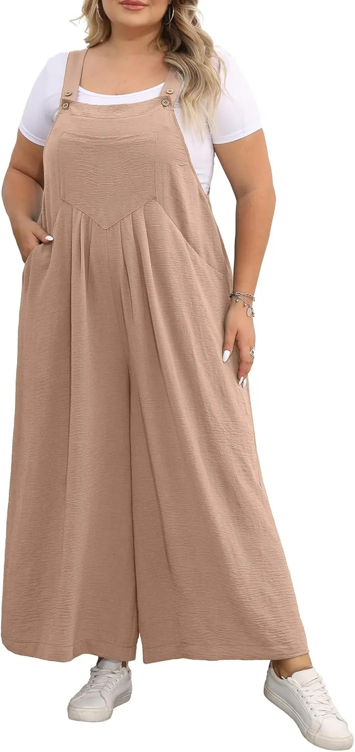 OLRIK Plus Size Jumpsuit for Women Wide Leg Casual Summer Rompers Adjustable Loose fit Overalls Jumper with Pockets
