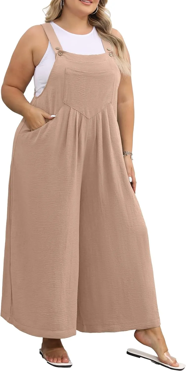 OLRIK Plus Size Jumpsuit for Women Wide Leg Casual Summer Rompers Adjustable Loose fit Overalls Jumper with Pockets