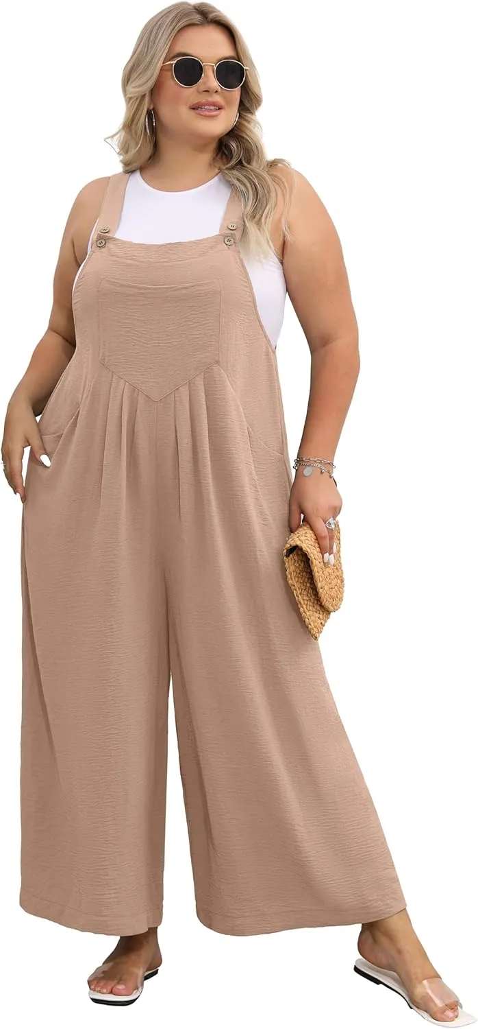 OLRIK Plus Size Jumpsuit for Women Wide Leg Casual Summer Rompers Adjustable Loose fit Overalls Jumper with Pockets