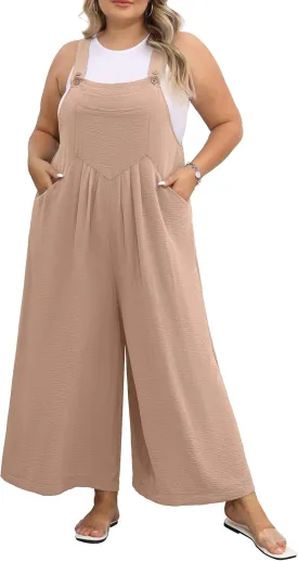 OLRIK Plus Size Jumpsuit for Women Wide Leg Casual Summer Rompers Adjustable Loose fit Overalls Jumper with Pockets