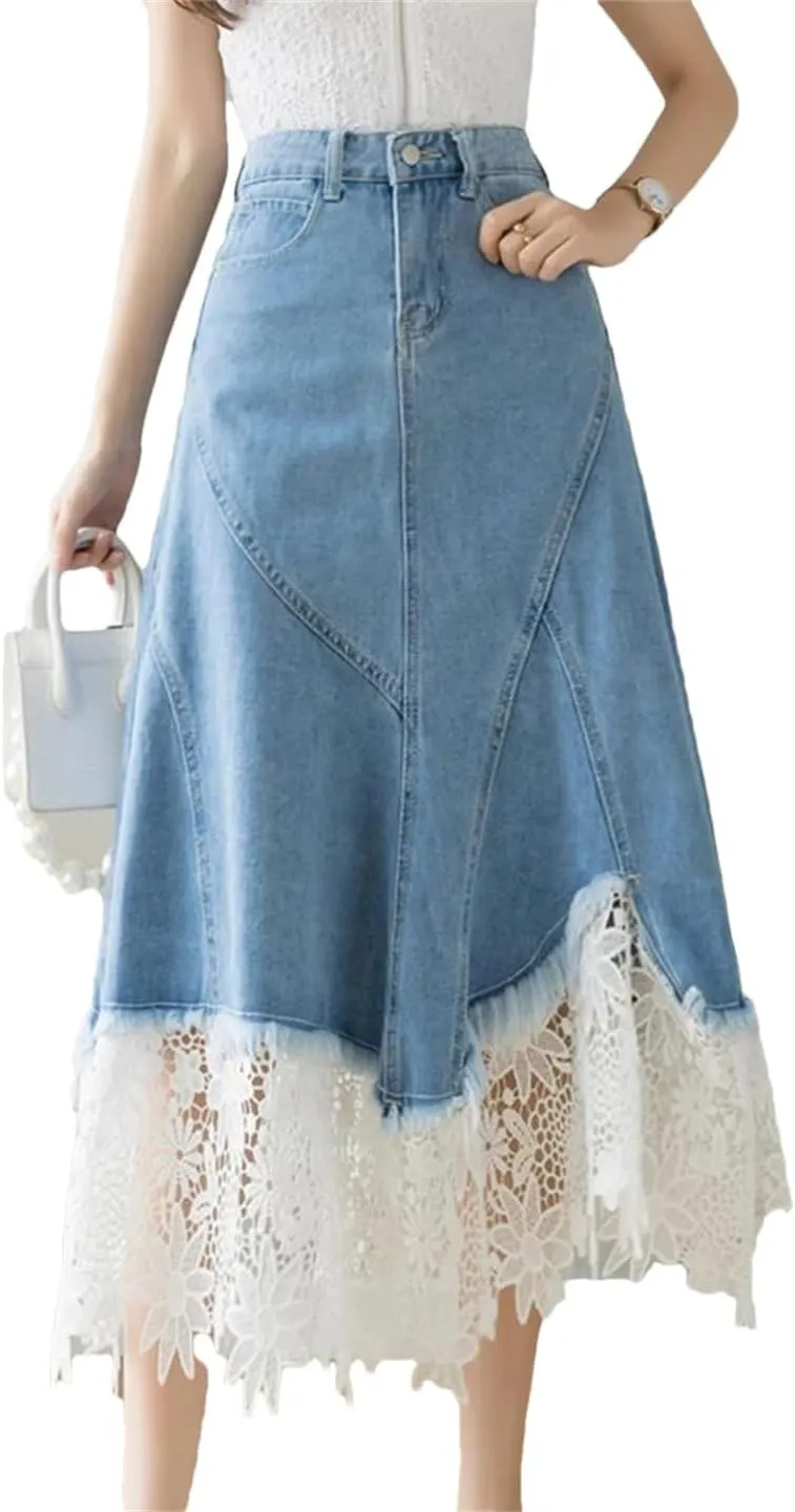 Patchwork Lace Hollow Out Denim Skirts Women High Waist Mid-Length Jeans Skirts Zipper Irregular Skirts