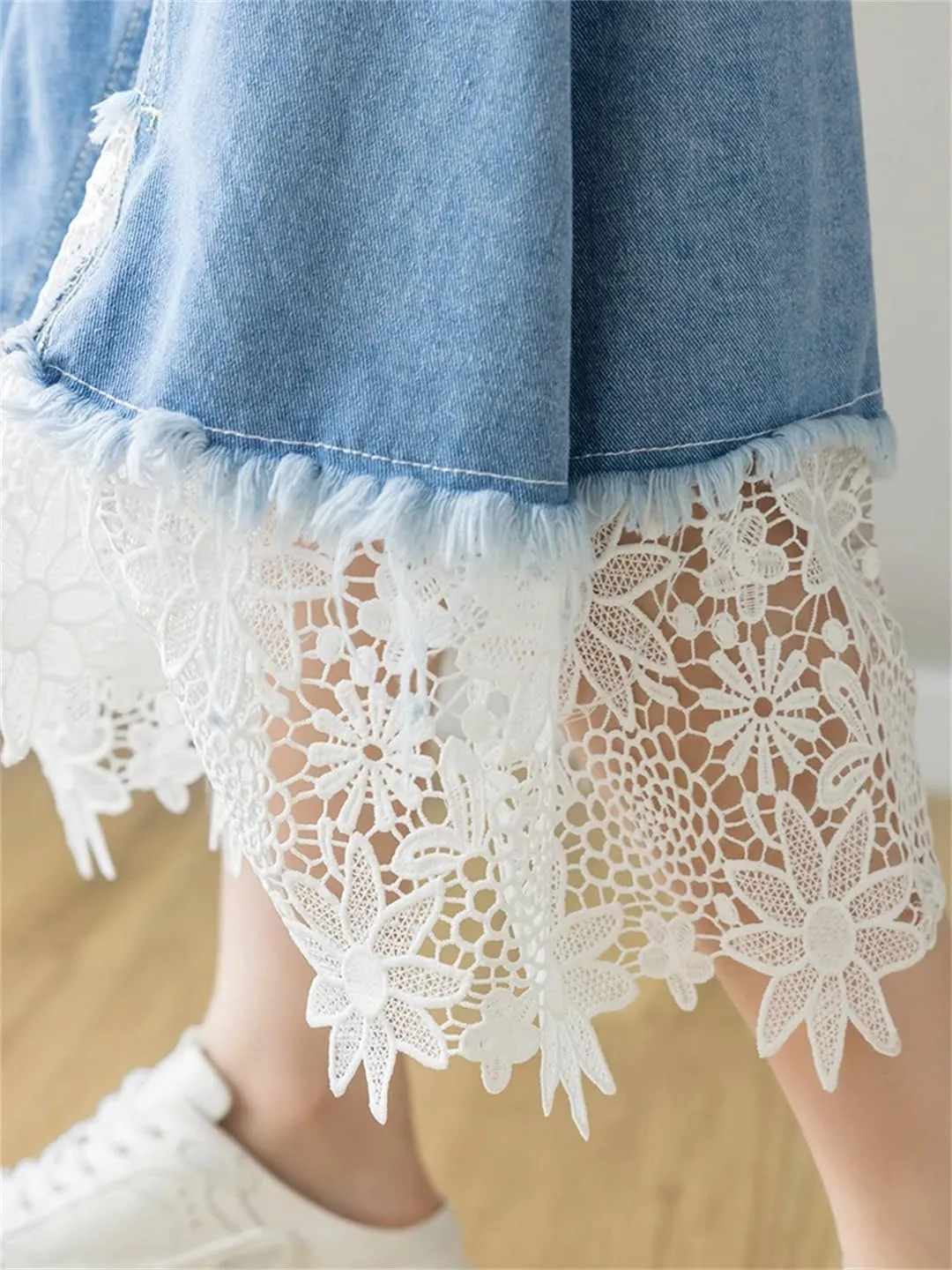 Patchwork Lace Hollow Out Denim Skirts Women High Waist Mid-Length Jeans Skirts Zipper Irregular Skirts