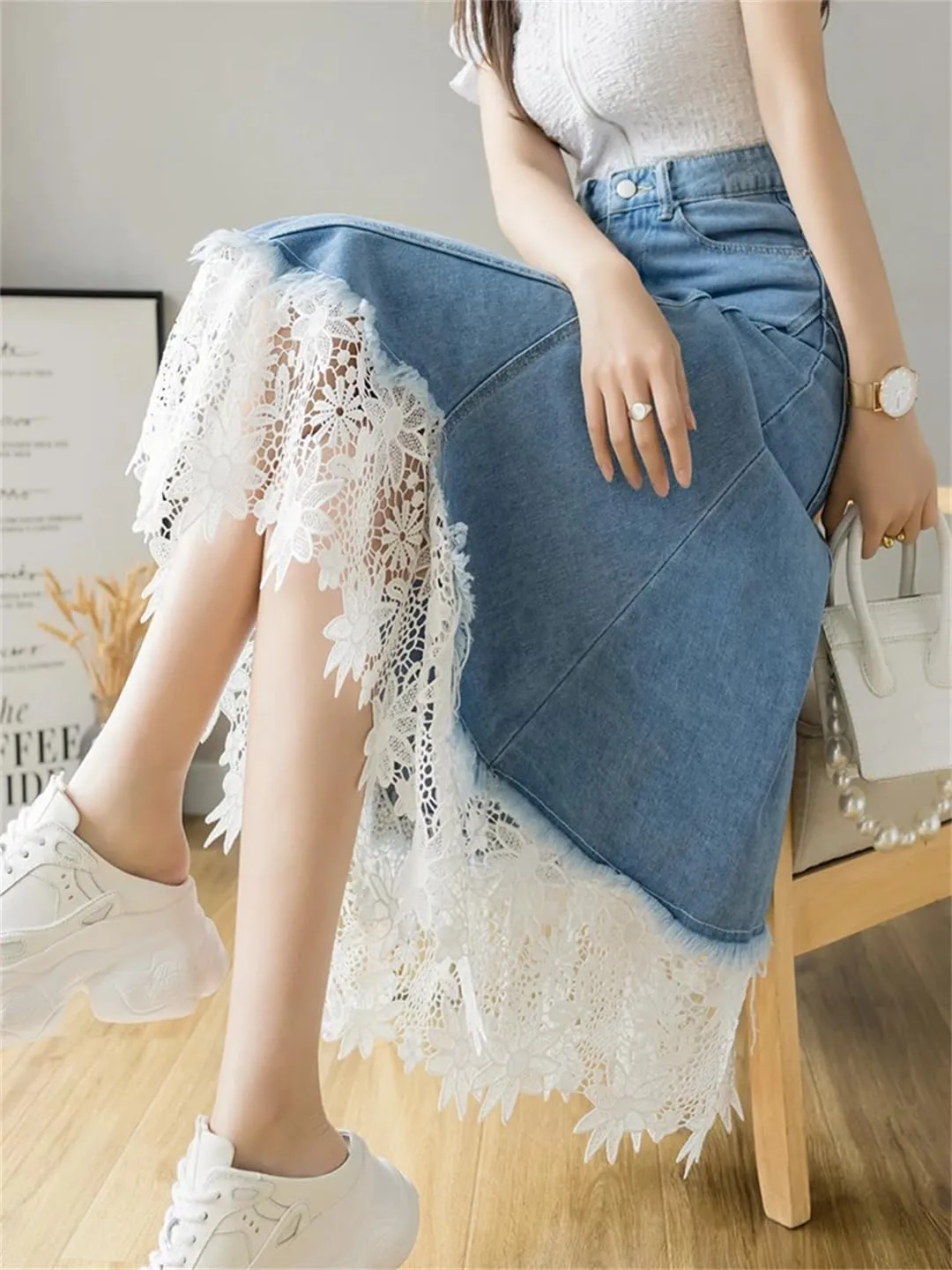 Patchwork Lace Hollow Out Denim Skirts Women High Waist Mid-Length Jeans Skirts Zipper Irregular Skirts