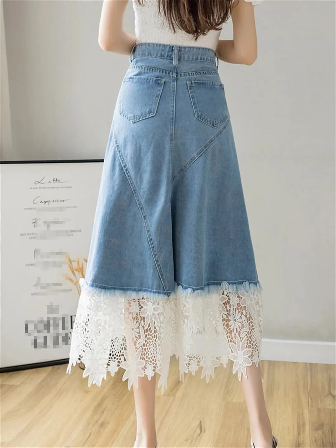 Patchwork Lace Hollow Out Denim Skirts Women High Waist Mid-Length Jeans Skirts Zipper Irregular Skirts