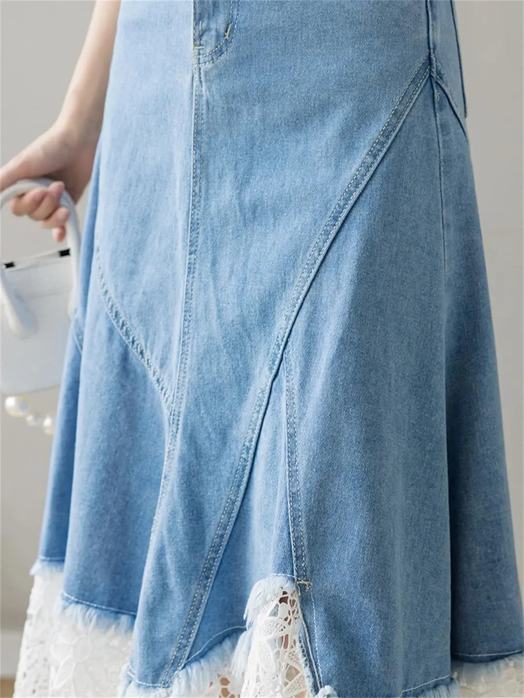 Patchwork Lace Hollow Out Denim Skirts Women High Waist Mid-Length Jeans Skirts Zipper Irregular Skirts