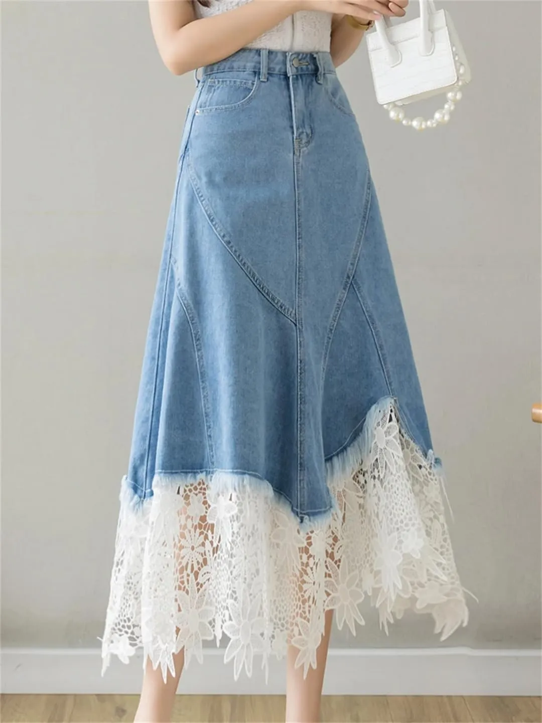 Patchwork Lace Hollow Out Denim Skirts Women High Waist Mid-Length Jeans Skirts Zipper Irregular Skirts