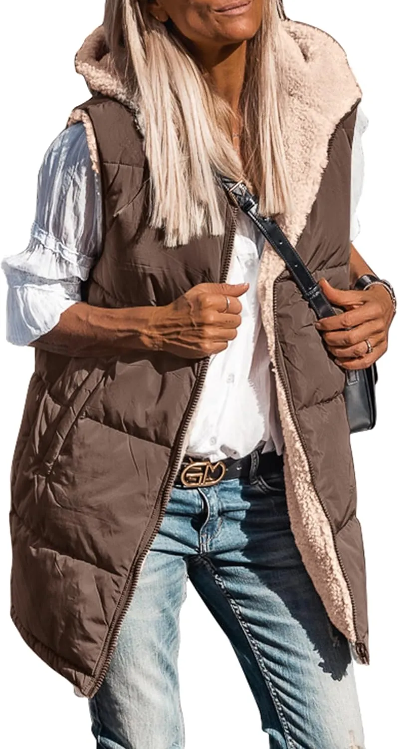 PRETTYGARDEN Womens 2025 Fall Reversible Vests Sleeveless Fleece Jacket Zip Up Hoodie Pockets Long Warm Winter Coat Outerwear