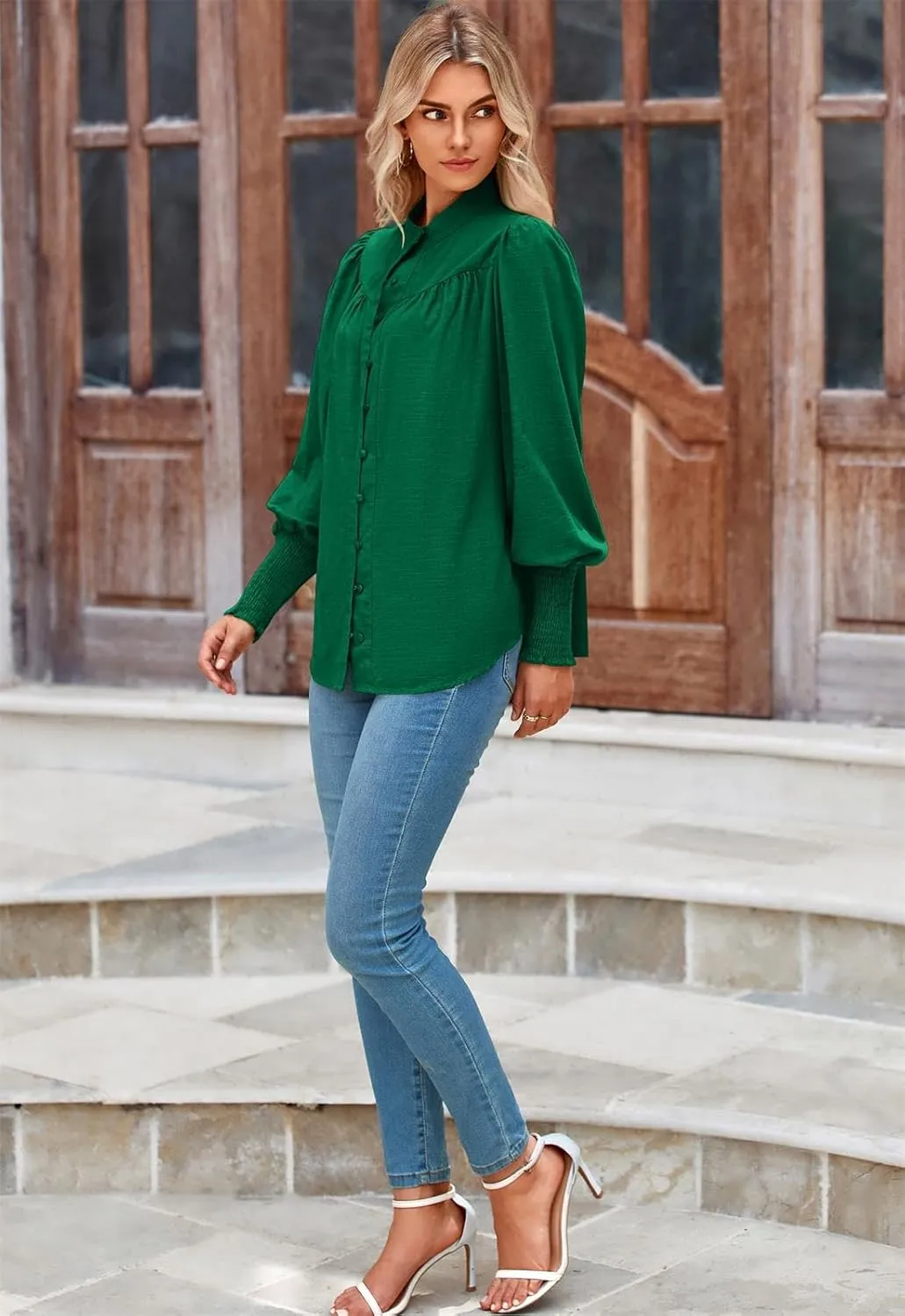 PRETTYGARDEN Womens Spring Long Sleeve Tops Dressy Casual Button Down Smocked Cuffed Office Business Work Blouses Shirts