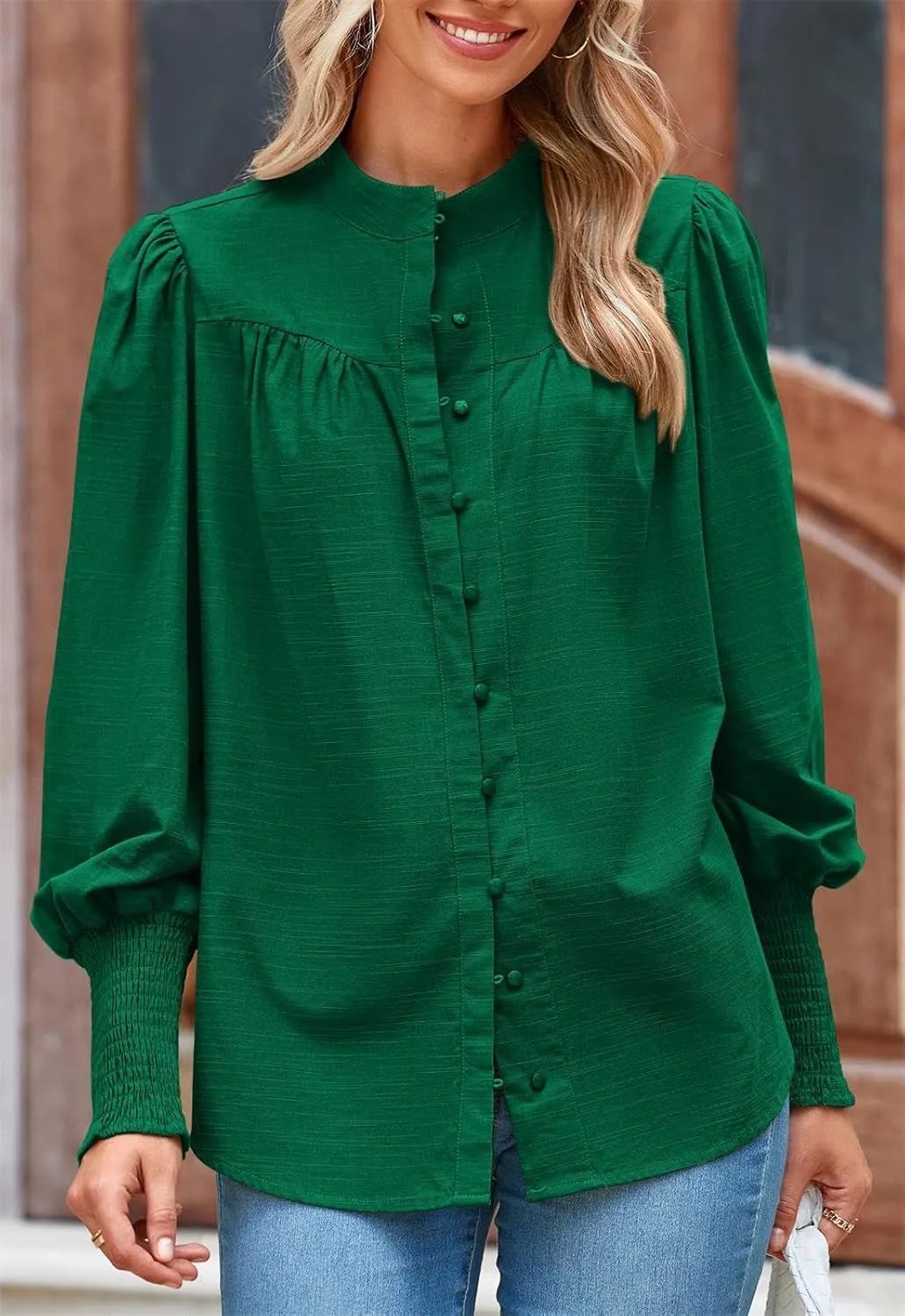 PRETTYGARDEN Womens Spring Long Sleeve Tops Dressy Casual Button Down Smocked Cuffed Office Business Work Blouses Shirts