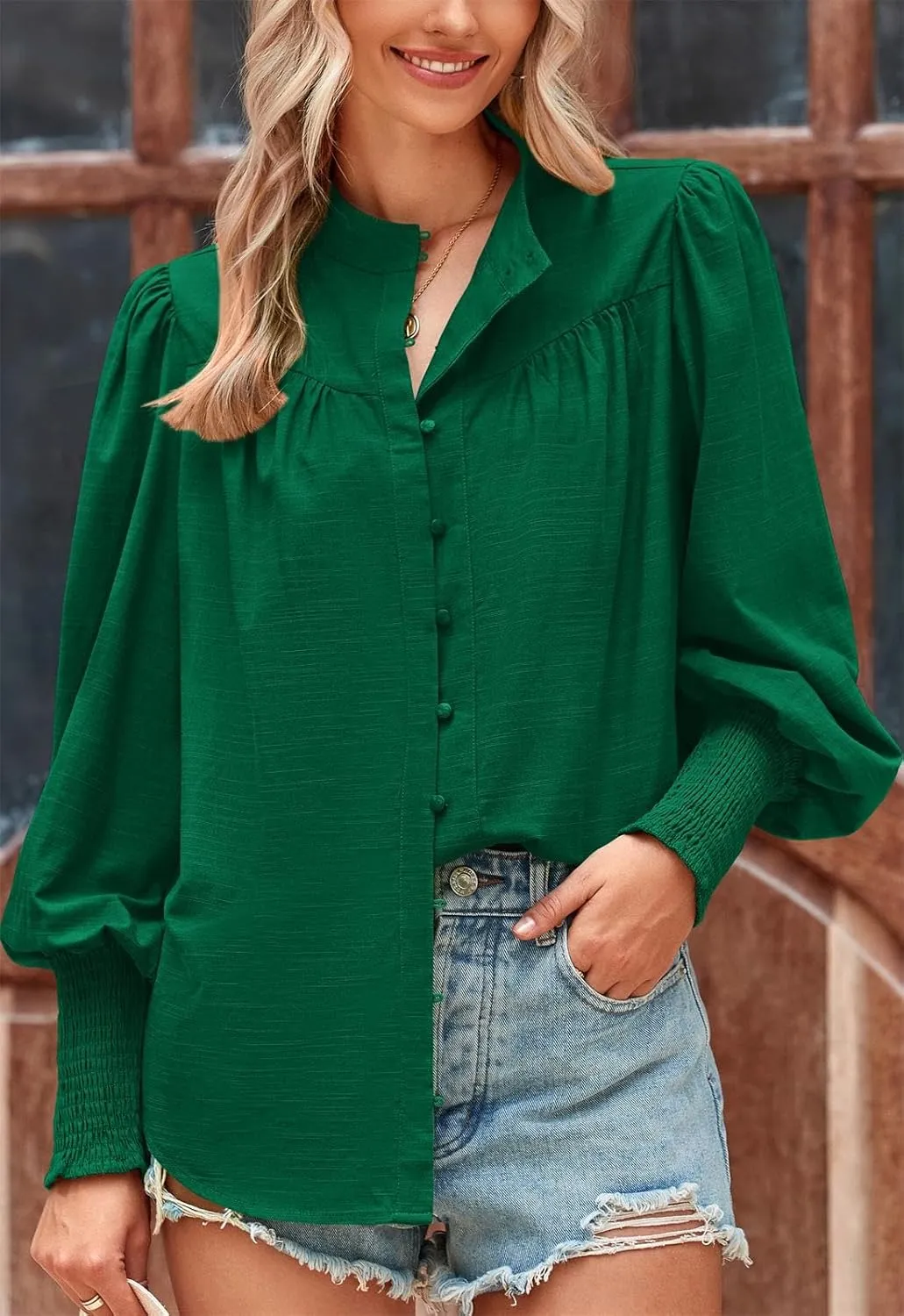 PRETTYGARDEN Womens Spring Long Sleeve Tops Dressy Casual Button Down Smocked Cuffed Office Business Work Blouses Shirts