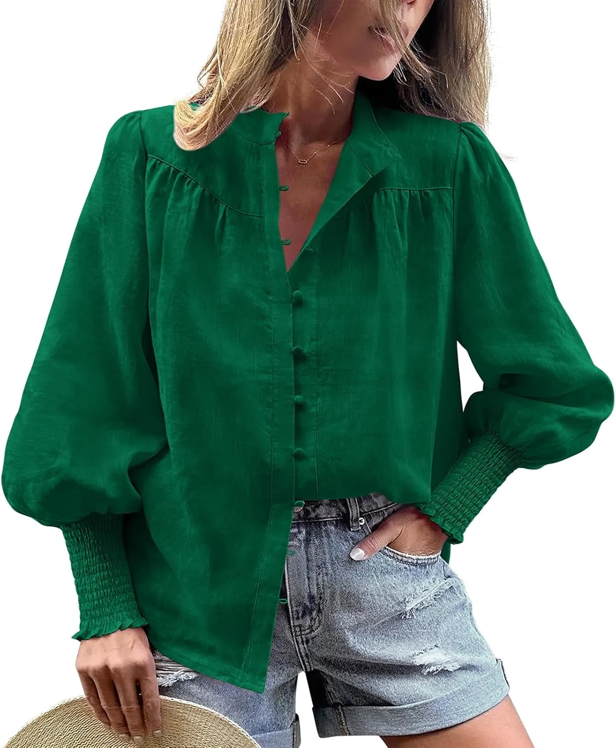 PRETTYGARDEN Womens Spring Long Sleeve Tops Dressy Casual Button Down Smocked Cuffed Office Business Work Blouses Shirts