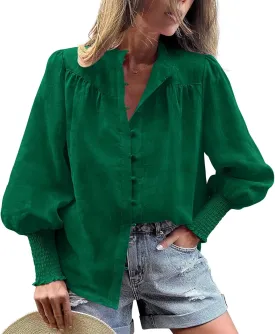 PRETTYGARDEN Womens Spring Long Sleeve Tops Dressy Casual Button Down Smocked Cuffed Office Business Work Blouses Shirts