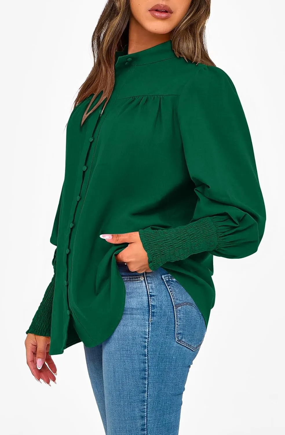 PRETTYGARDEN Womens Spring Long Sleeve Tops Dressy Casual Button Down Smocked Cuffed Office Business Work Blouses Shirts