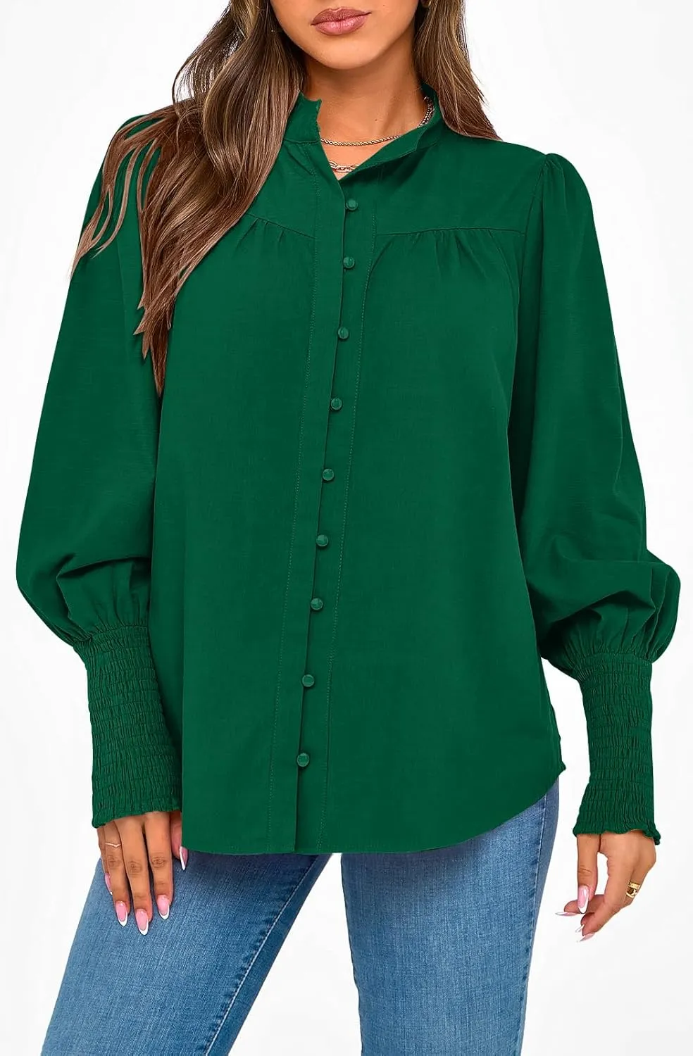 PRETTYGARDEN Womens Spring Long Sleeve Tops Dressy Casual Button Down Smocked Cuffed Office Business Work Blouses Shirts