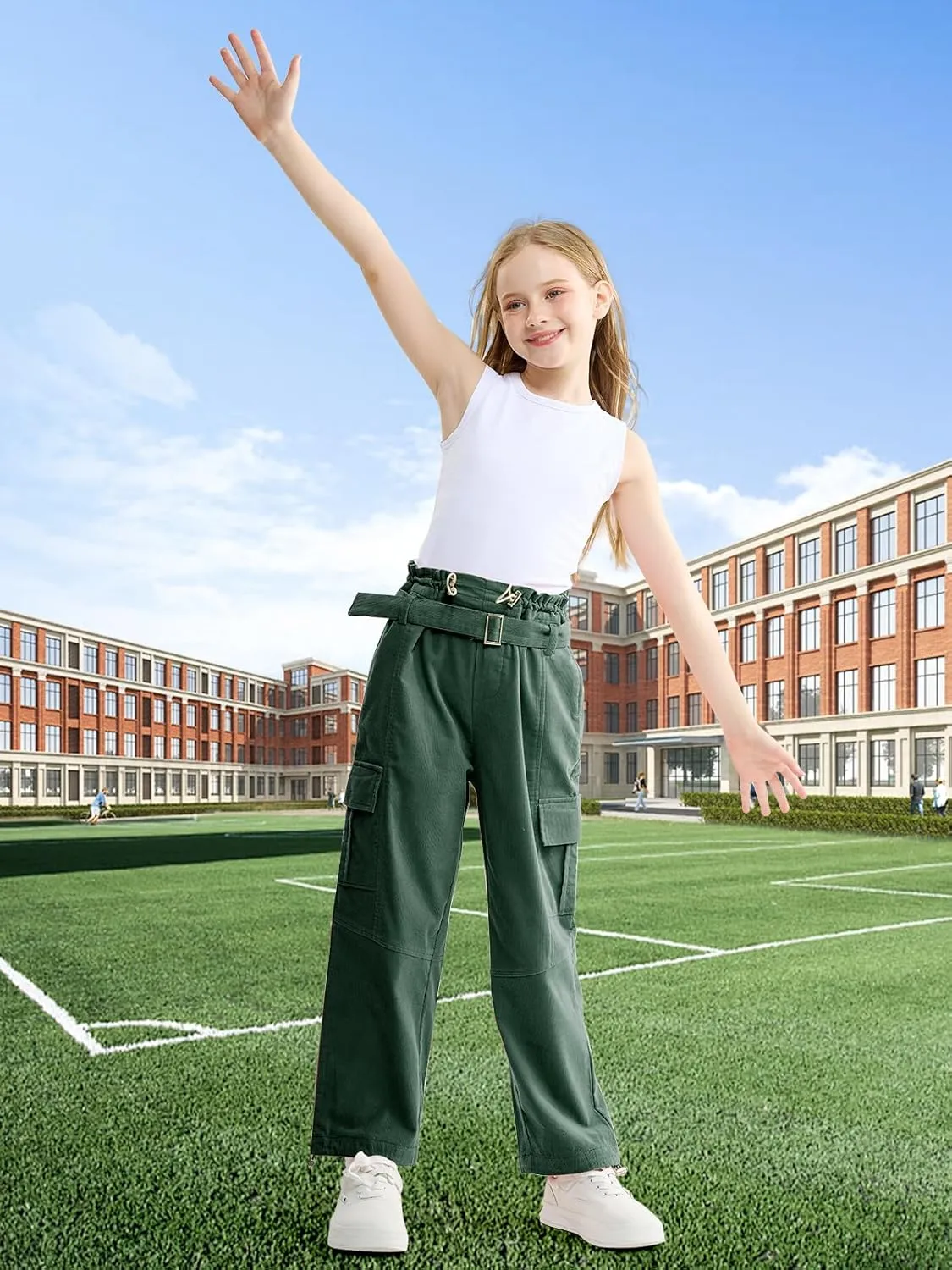 Rolanko Girls Corduroy Cargo Pants Wide Leg Cargo Trousers Streetwear Kids Pants Joggers with Pockets 4-15 Y