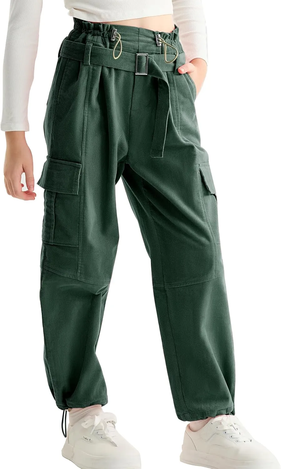 Rolanko Girls Corduroy Cargo Pants Wide Leg Cargo Trousers Streetwear Kids Pants Joggers with Pockets 4-15 Y