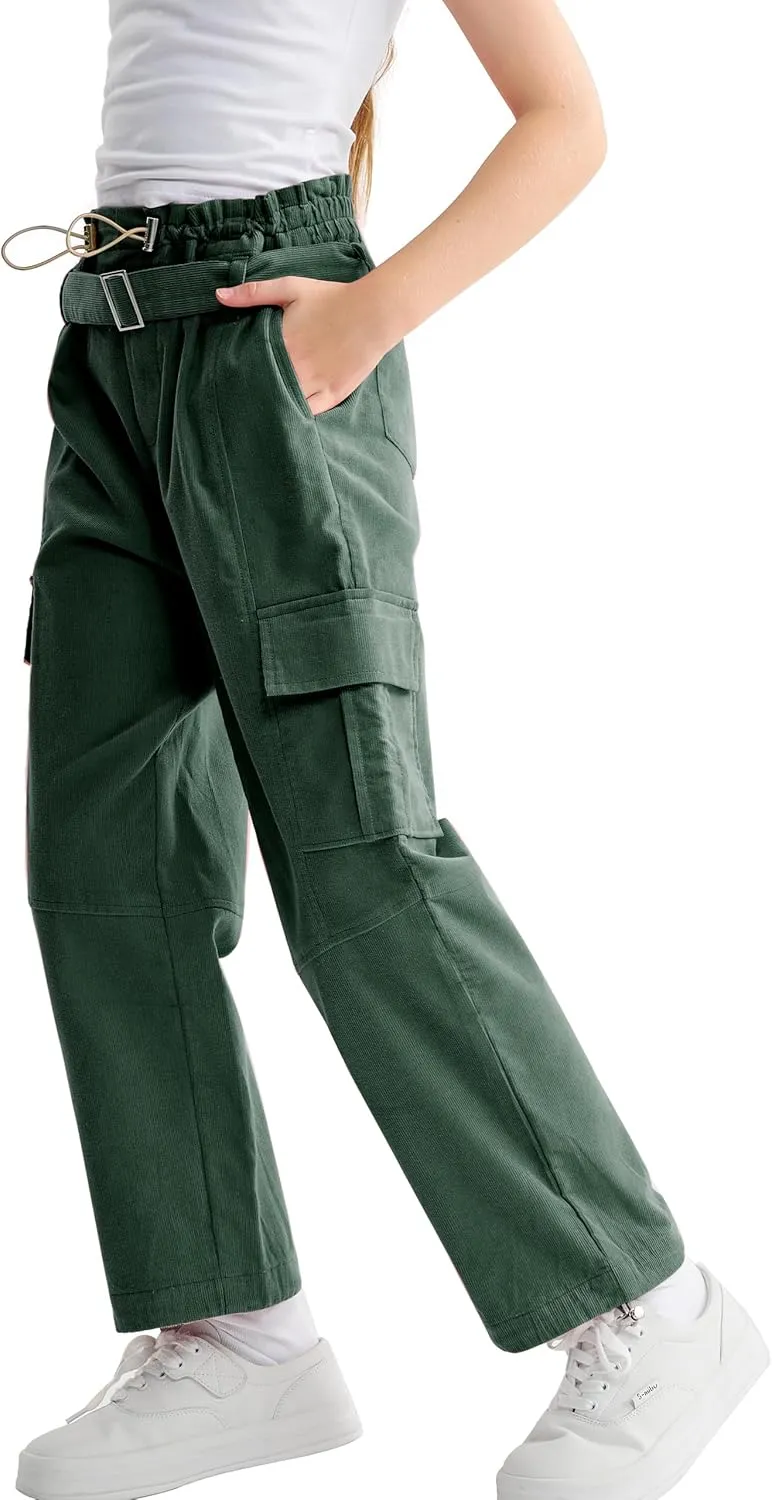 Rolanko Girls Corduroy Cargo Pants Wide Leg Cargo Trousers Streetwear Kids Pants Joggers with Pockets 4-15 Y