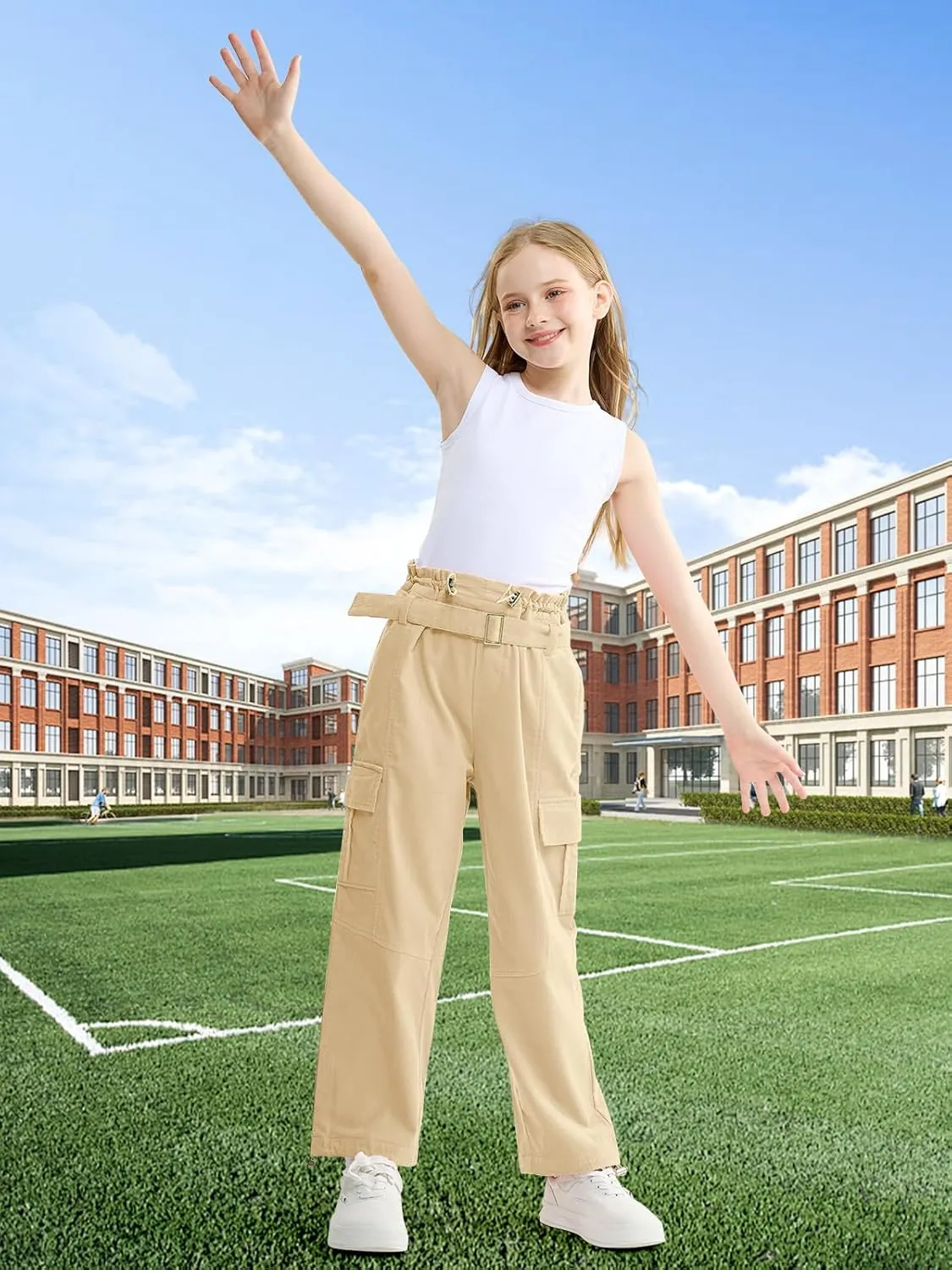 Rolanko Girls Corduroy Cargo Pants Wide Leg Cargo Trousers Streetwear Kids Pants Joggers with Pockets 4-15 Y