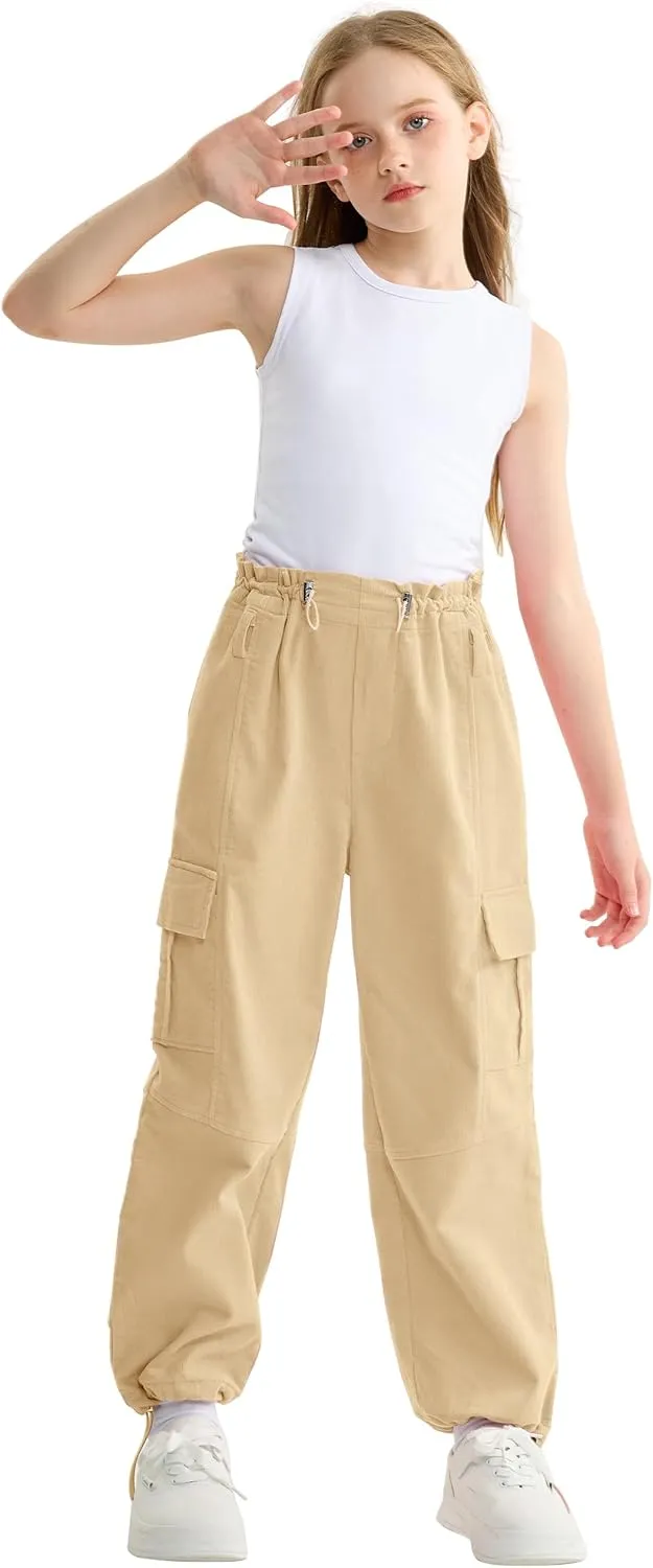 Rolanko Girls Corduroy Cargo Pants Wide Leg Cargo Trousers Streetwear Kids Pants Joggers with Pockets 4-15 Y