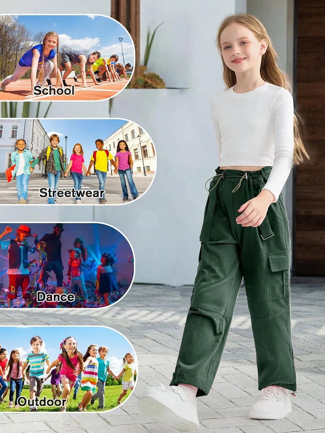 Rolanko Girls Corduroy Cargo Pants Wide Leg Cargo Trousers Streetwear Kids Pants Joggers with Pockets 4-15 Y